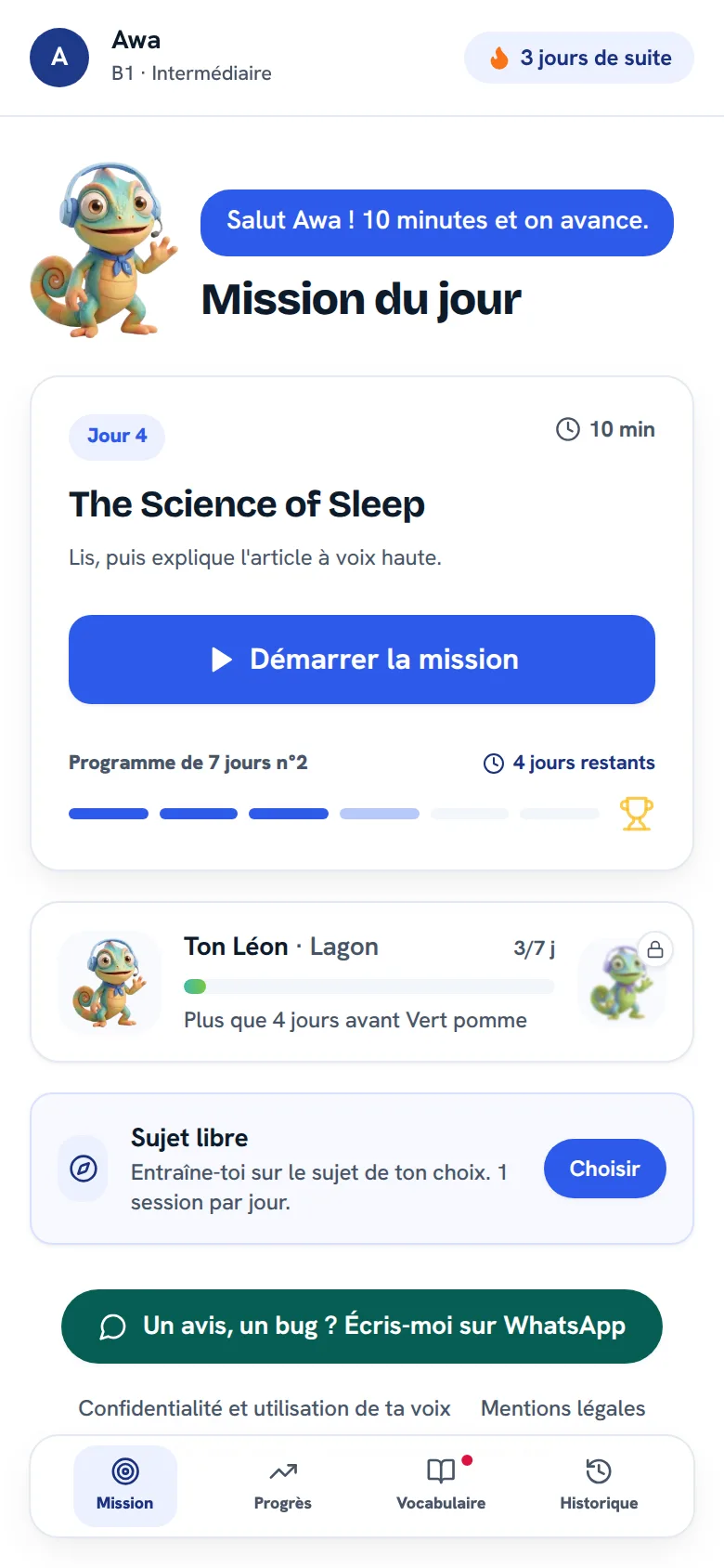 Tableau de bord avec la mission du jour