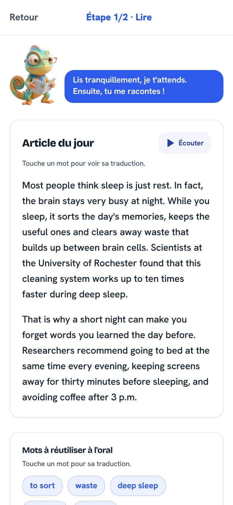 Écran de lecture de l'article du jour