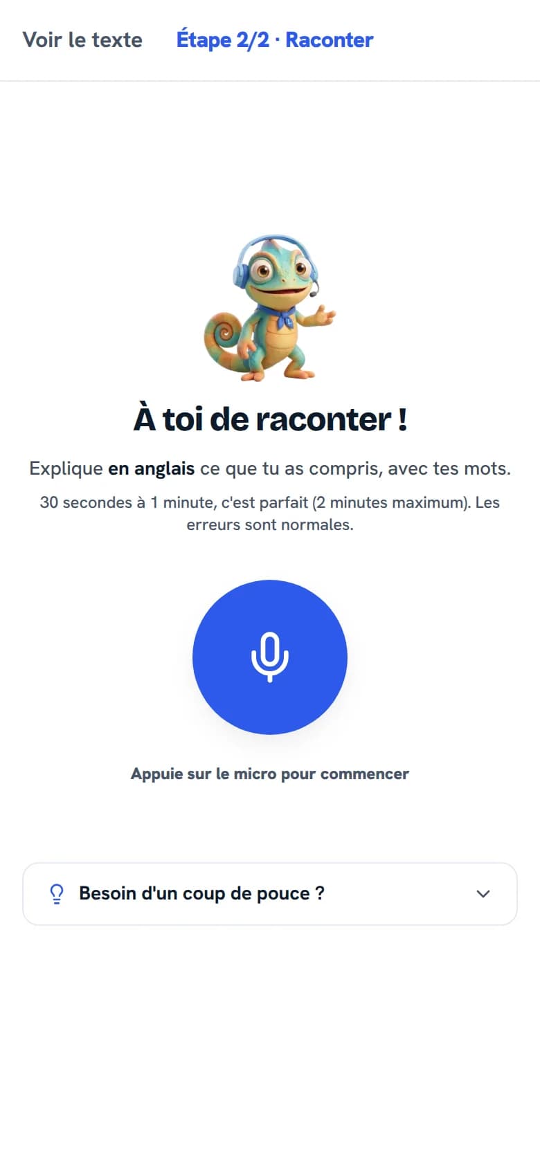 Écran d'enregistrement de la restitution orale