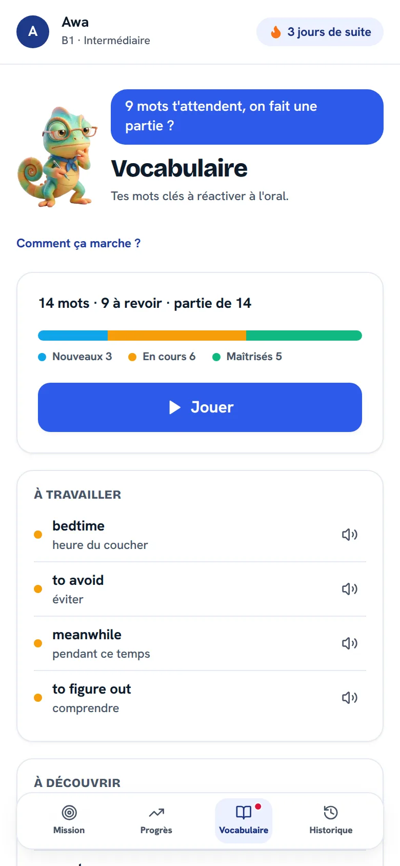 Écran de révision du vocabulaire