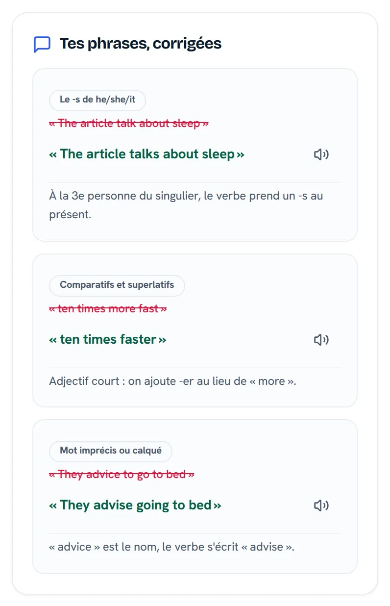 Liste de corrections dans le rapport de feedback